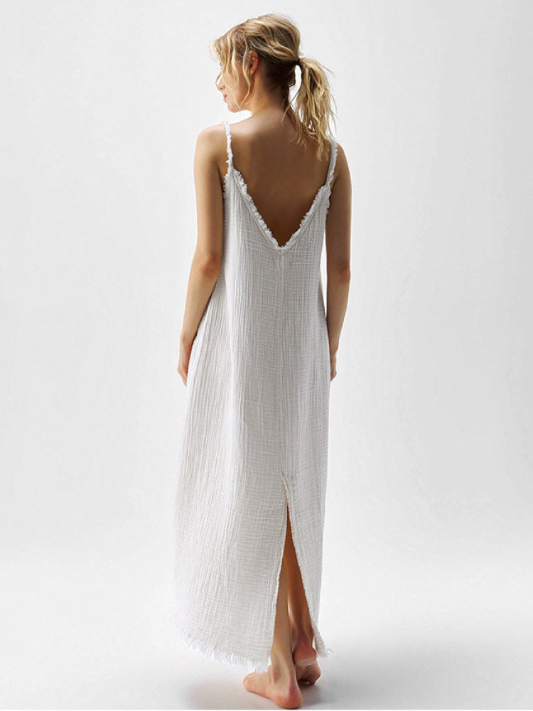 Fashionable Double-layered Pure White Nightgown back look