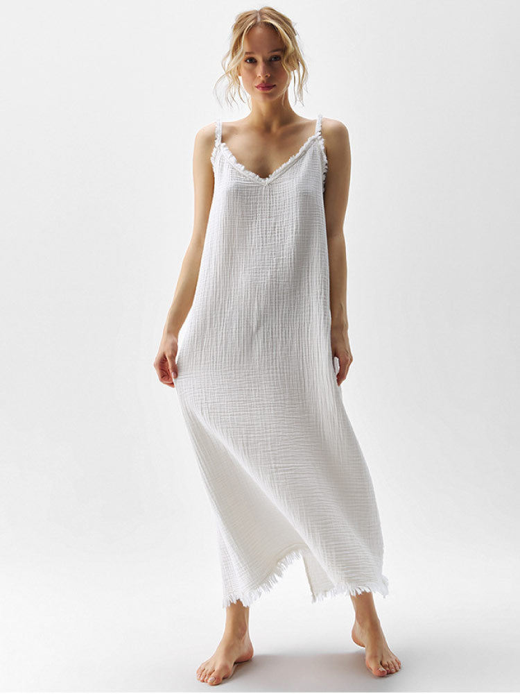 women wear Fashionable Double-layered Pure White Nightgown