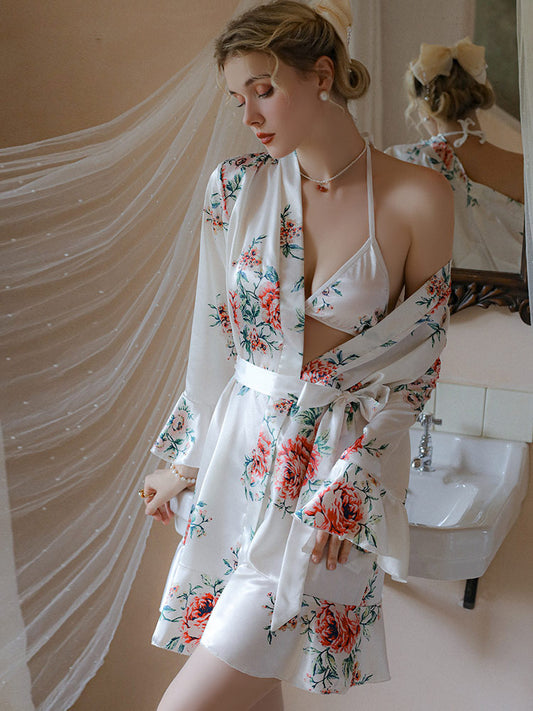 women wear a Ice Silk Floral Sexy Sleepwear Robe