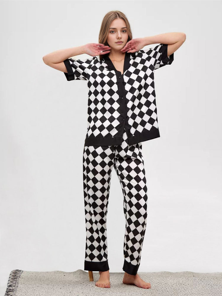 black and white plaid sleepwear pajama set for women