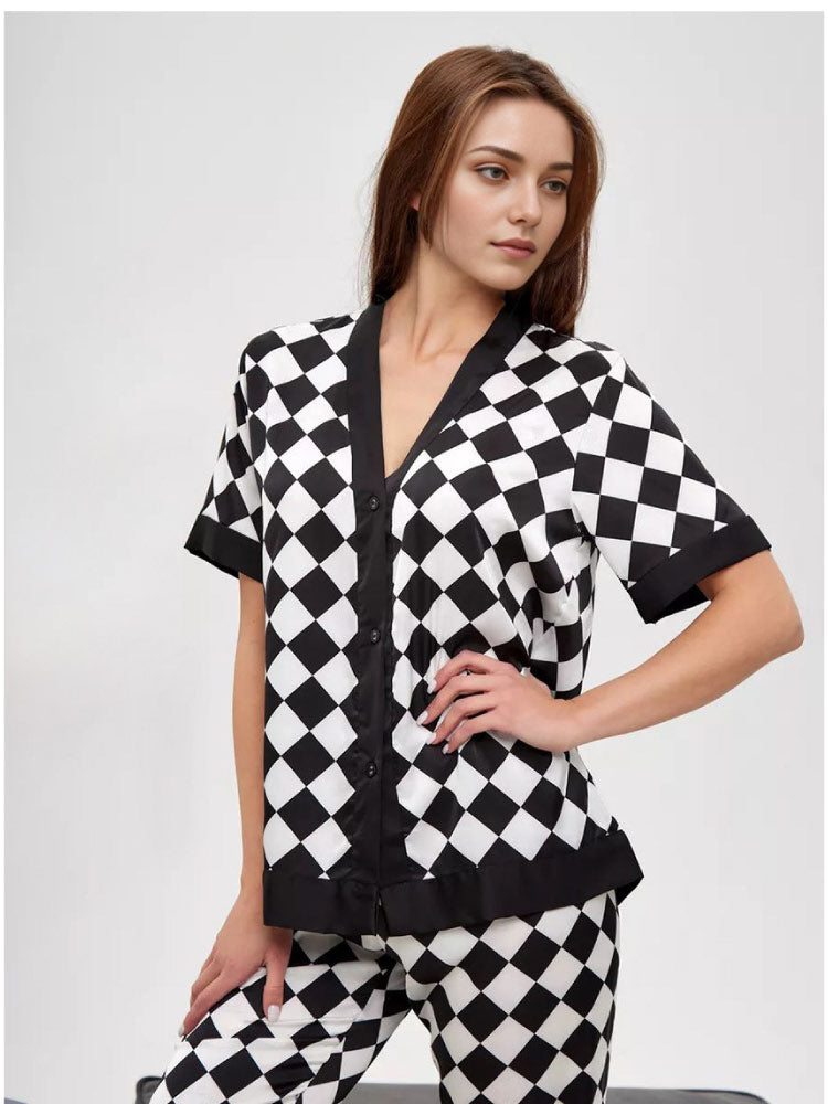 black and white plaid sleepwear pajama set for women