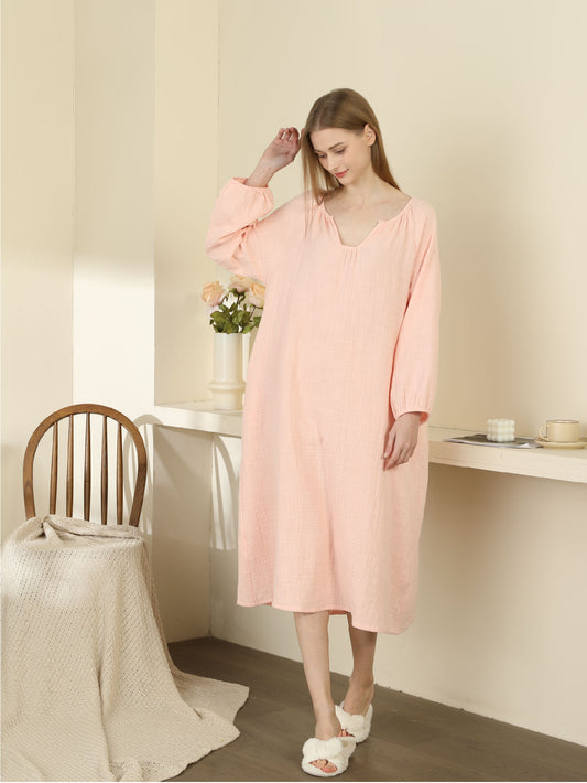 pink color Minimalist Long Sleeve Nightgown Double-Layer Gauze