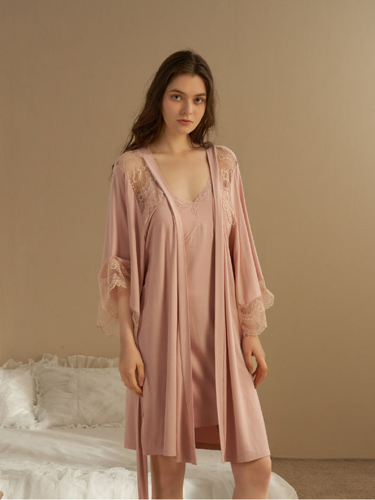 pink color Modal Lace Camisole Sexy Nightgown Robe Set