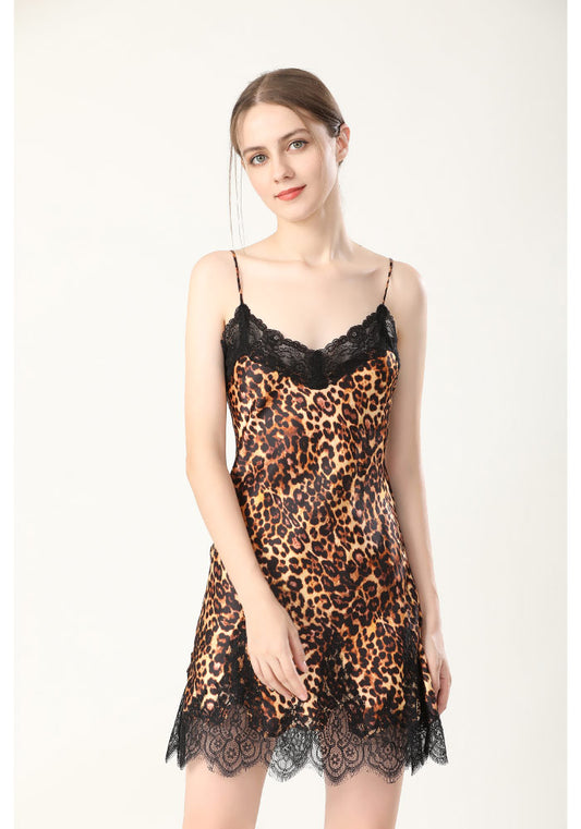 Mulberry Silk Sexy Leopard Print Nightgown