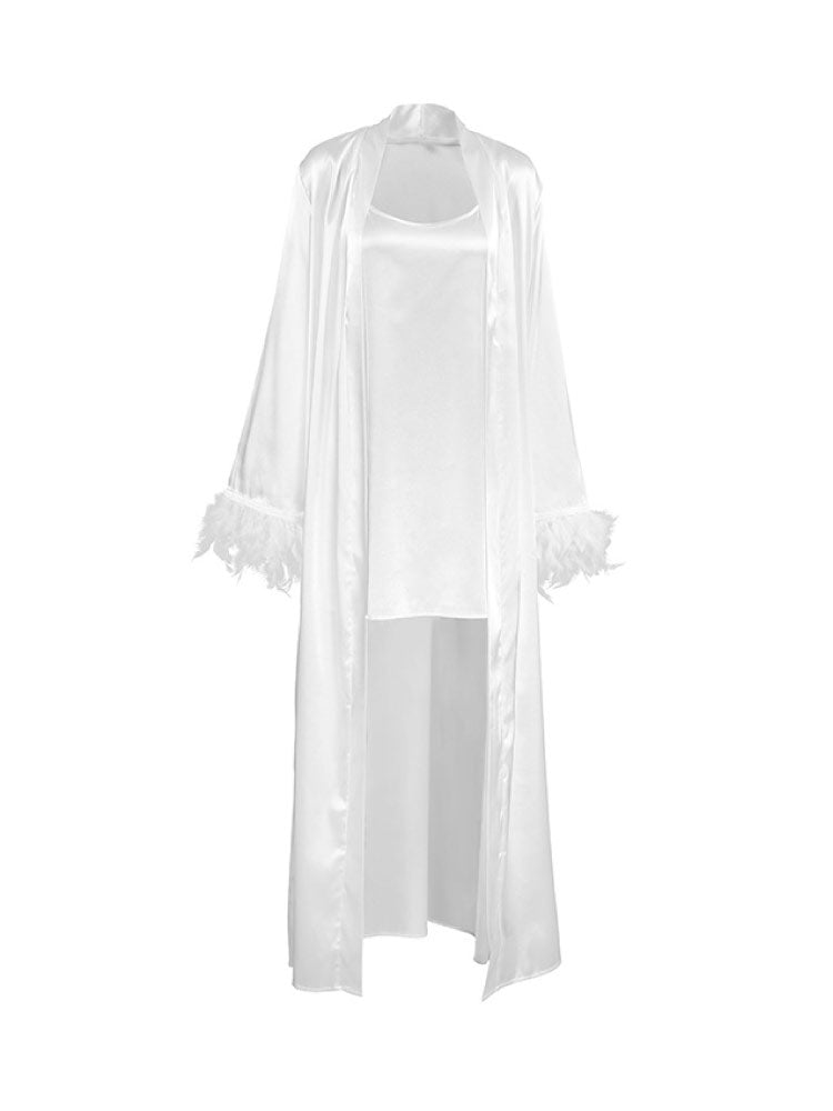 Sexy Satin Nightgown Feather Long Sleeve Robe