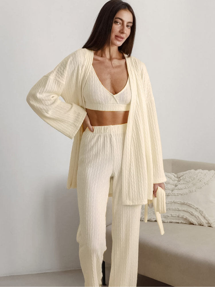 women wear a beige color Loose Striped Long Pants Pajama Robe Set