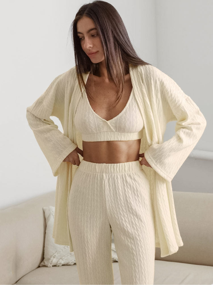 women wear a beige color Loose Striped Long Pants Pajama Robe Set