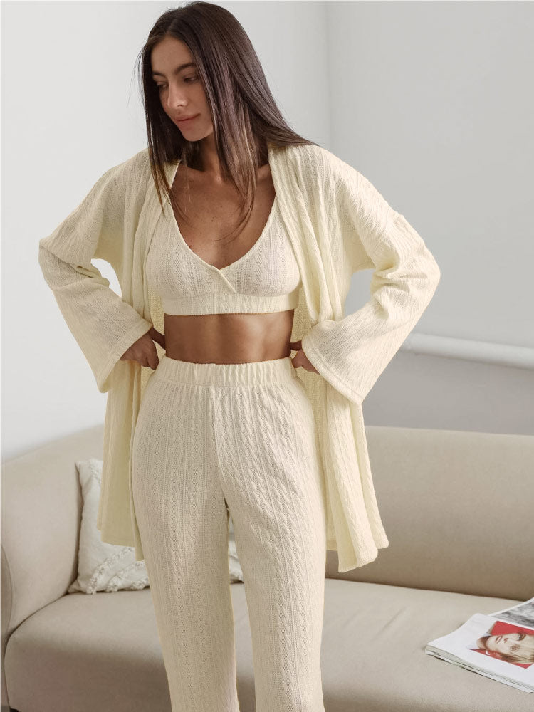 women wear a beige color Loose Striped Long Pants Pajama Robe Set