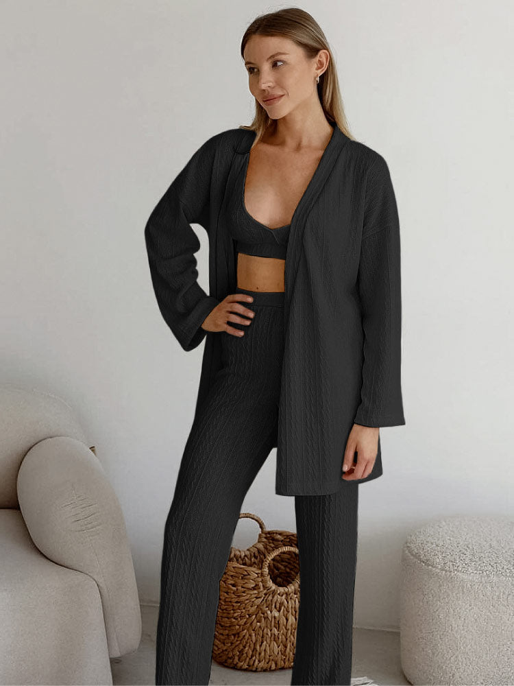 women wear a black color Loose Striped Long Pants Pajama Robe Set