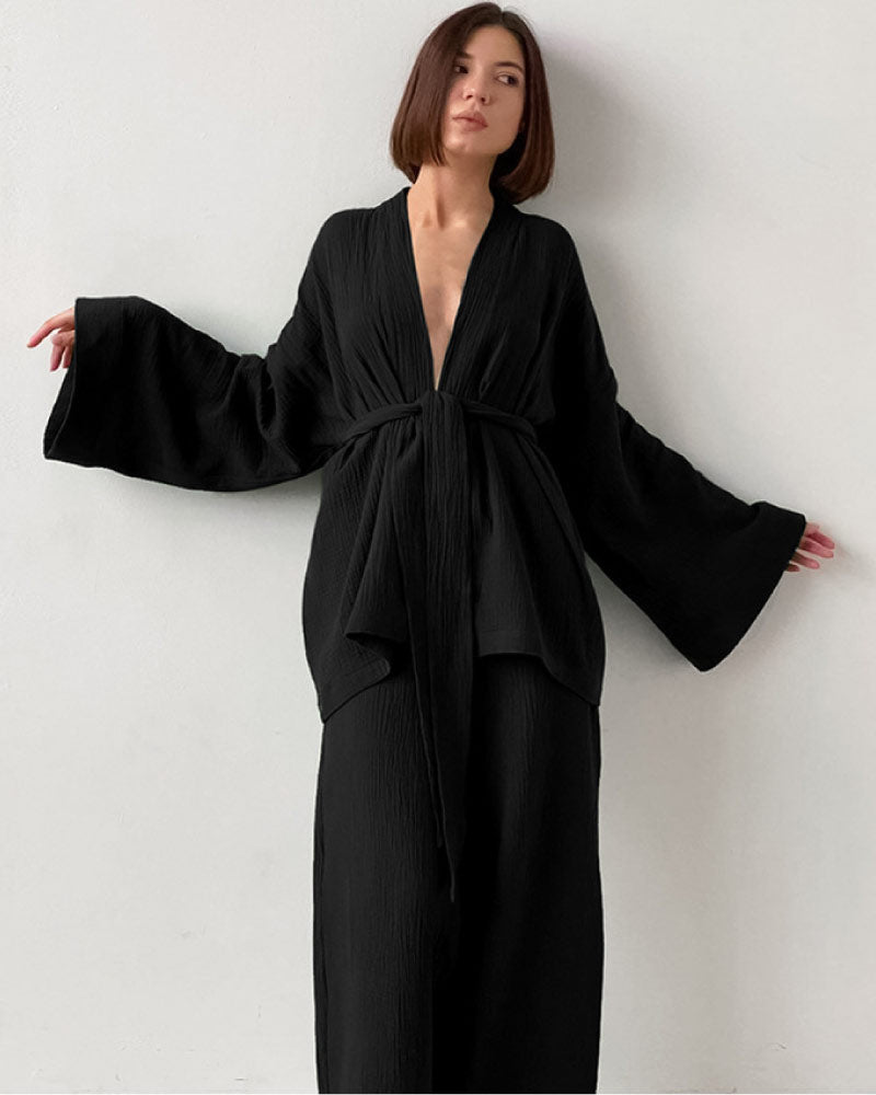 black color luxurious sleepwear bathrobe pajama set for women