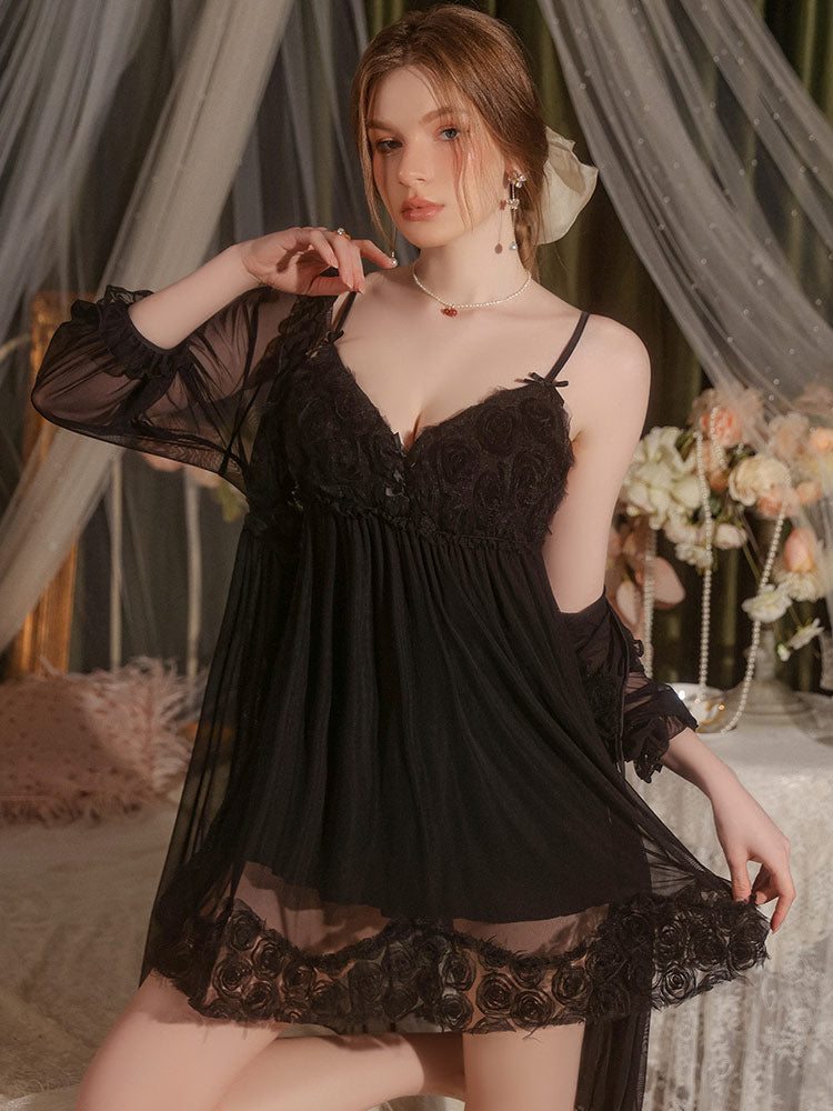 black color sexy nightgown robe set for women 