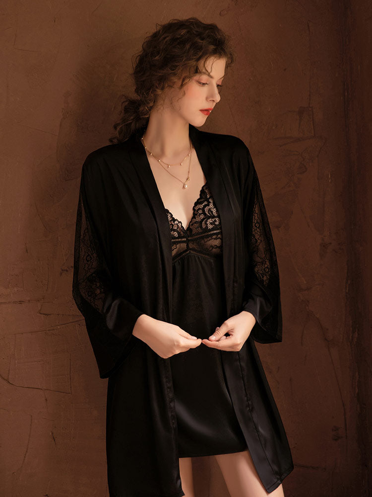 black color Sexy Satin Camisole Nightgown Set robe