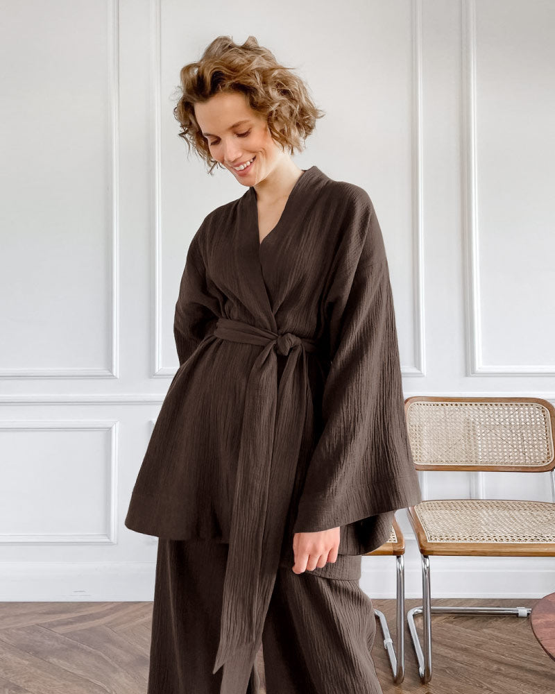 brown color luxurious sleepwear bathrobe pajama set for women