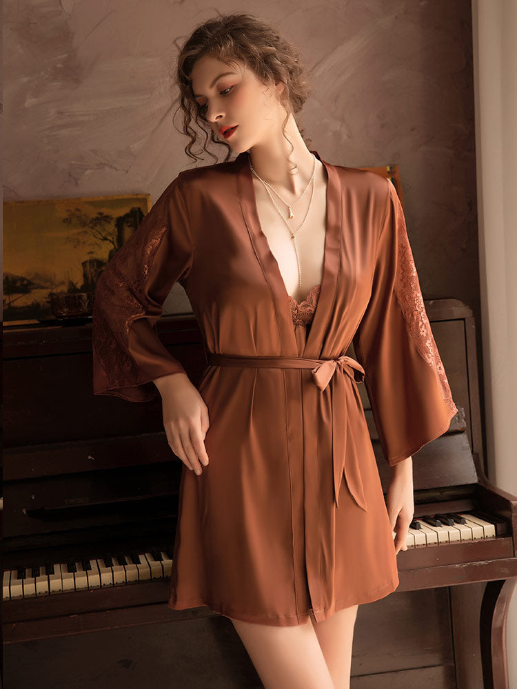 brown color Sexy Satin Camisole Nightgown Set robe