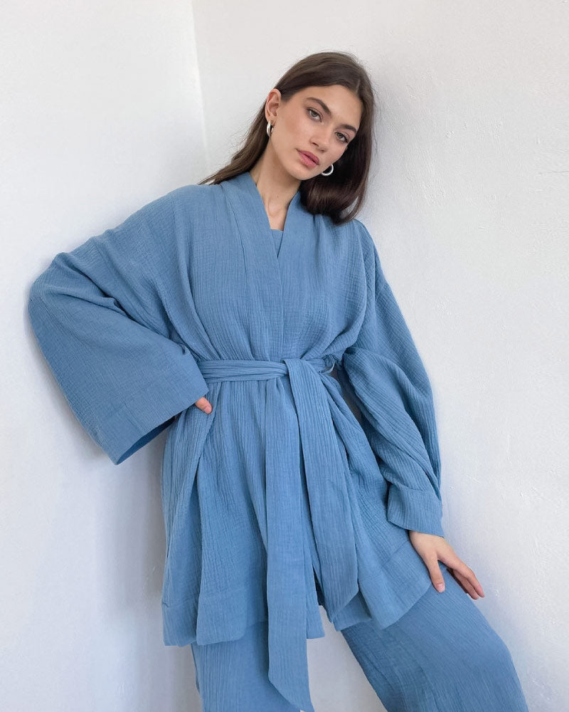 dark blue color luxurious sleepwear bathrobe pajama set for women