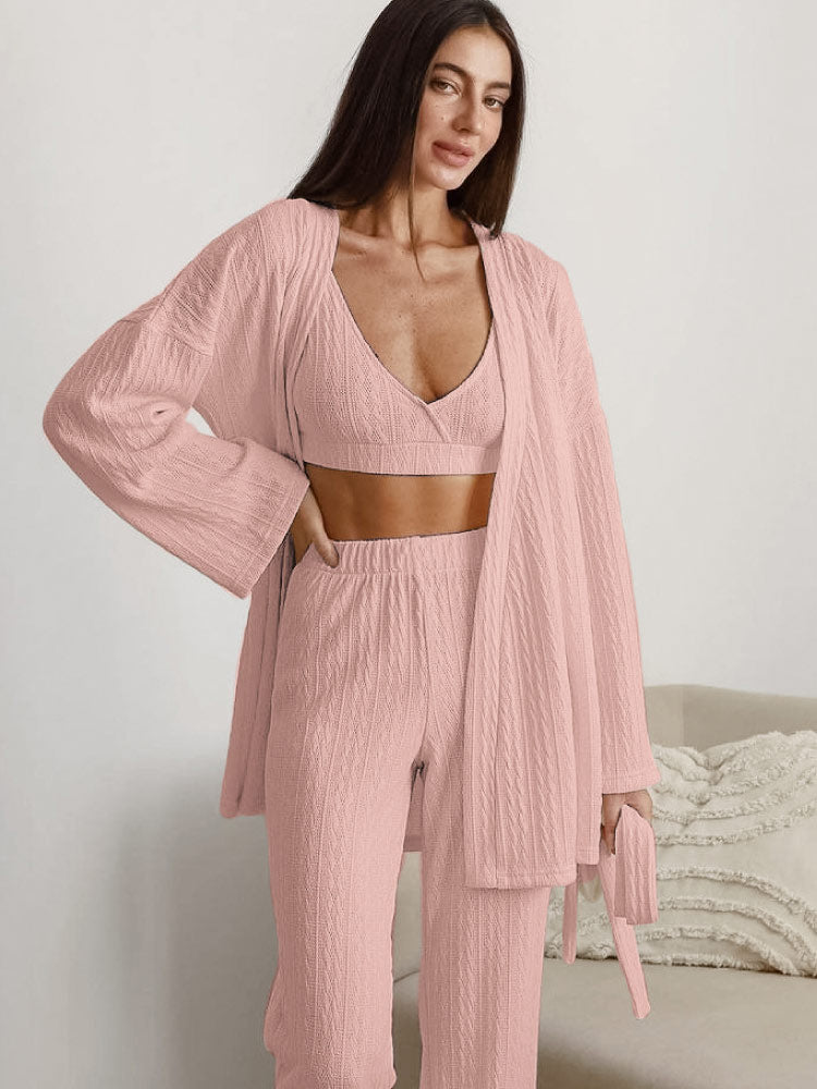 women wear a pink color Loose Striped Long Pants Pajama Robe Set