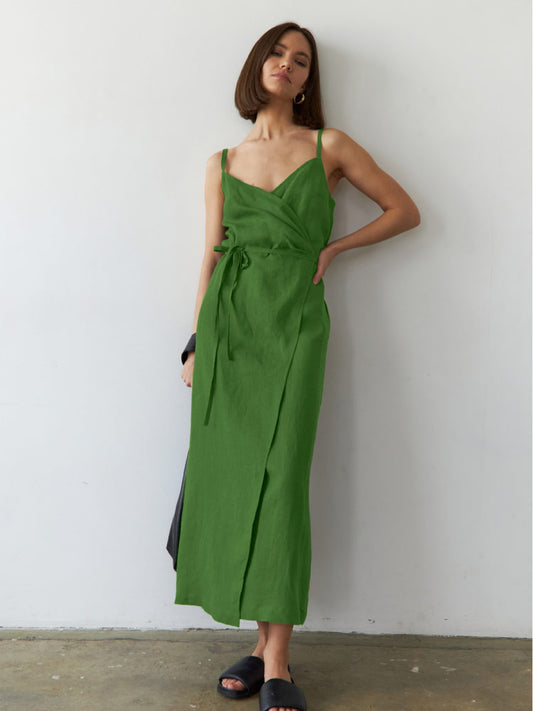 women wear green color Cotton Linen Sexy Camisole Casual Nightgown