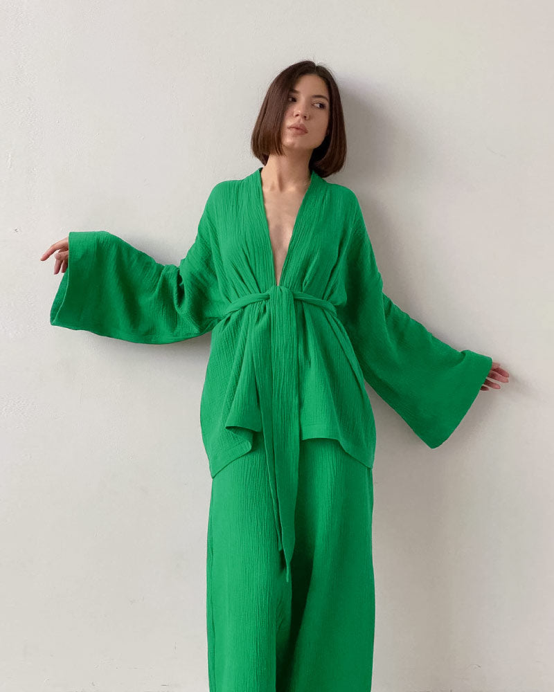 light green color luxurious sleepwear bathrobe pajama set for women