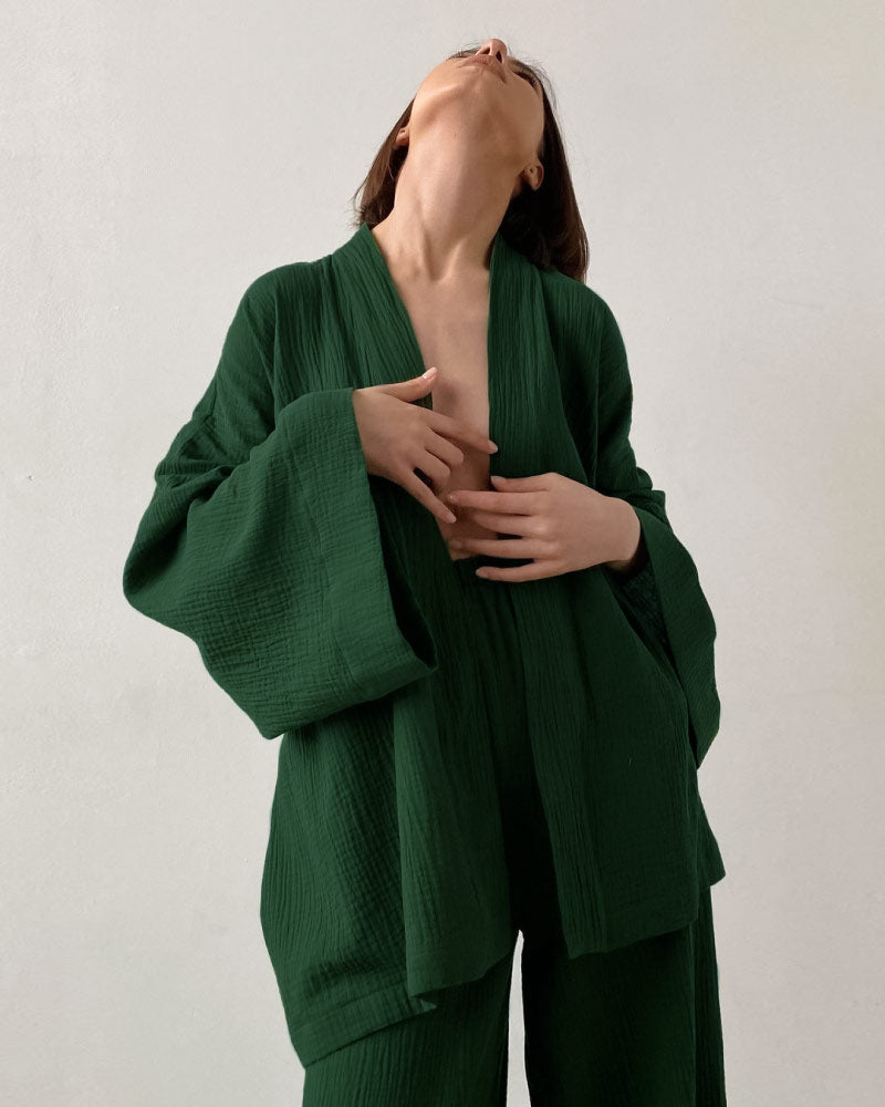 green color luxurious sleepwear bathrobe pajama set for women