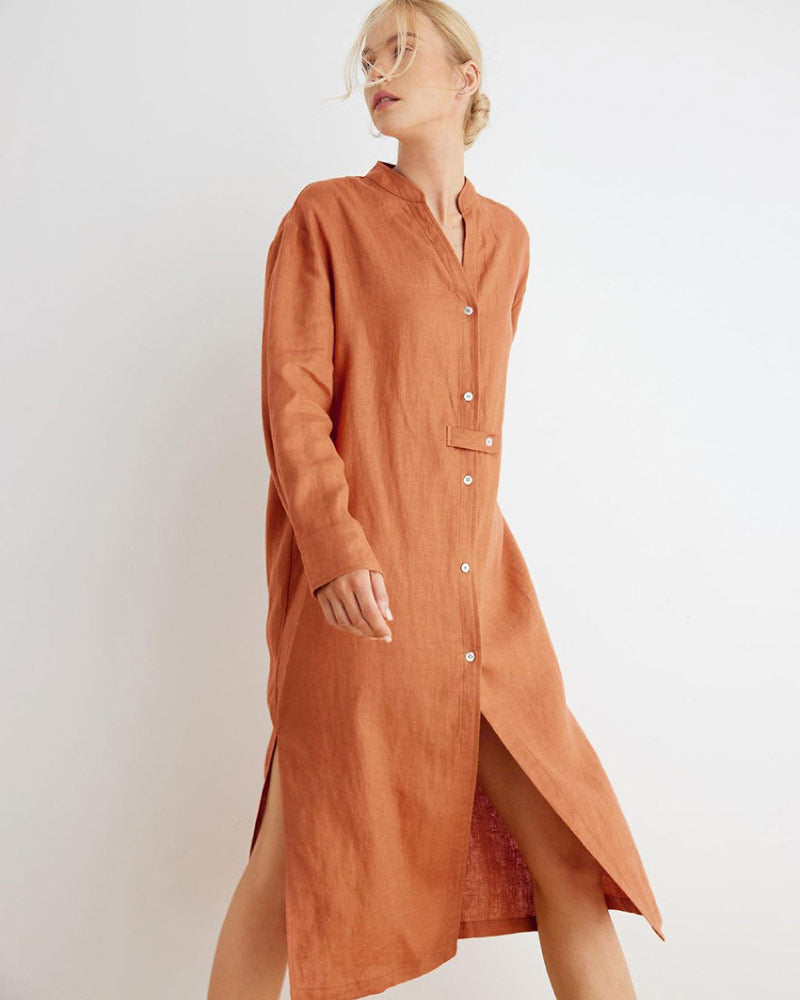 women wear a orange color Casual Cotton Linen Long Sleeves Cardigan Nightgown