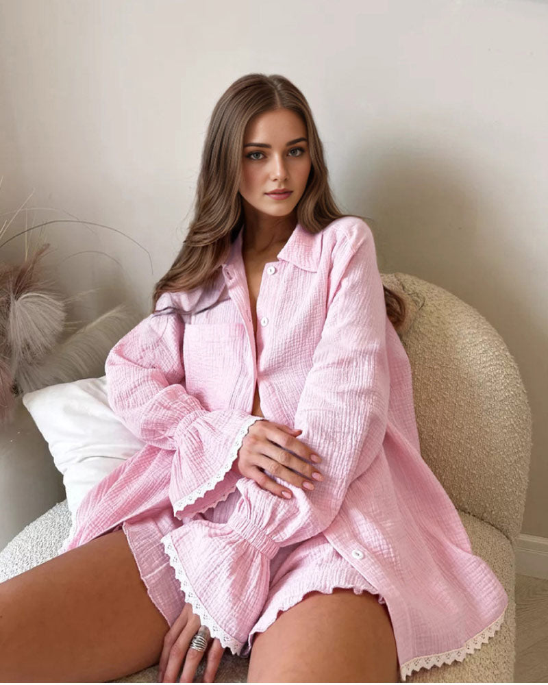 pink color cotton sexy sleepwear luxurious pajama set for women