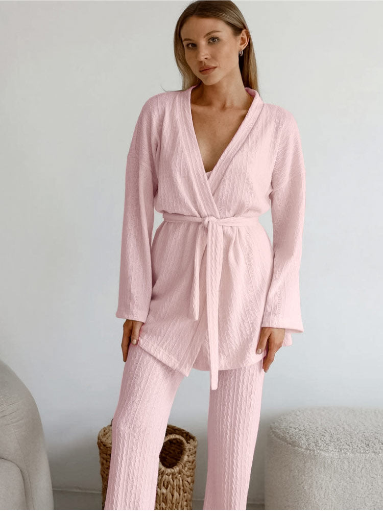 women wear a pink color Loose Striped Long Pants Pajama Robe Set