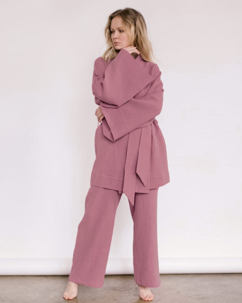 pink color luxurious sleepwear bathrobe pajama set for women