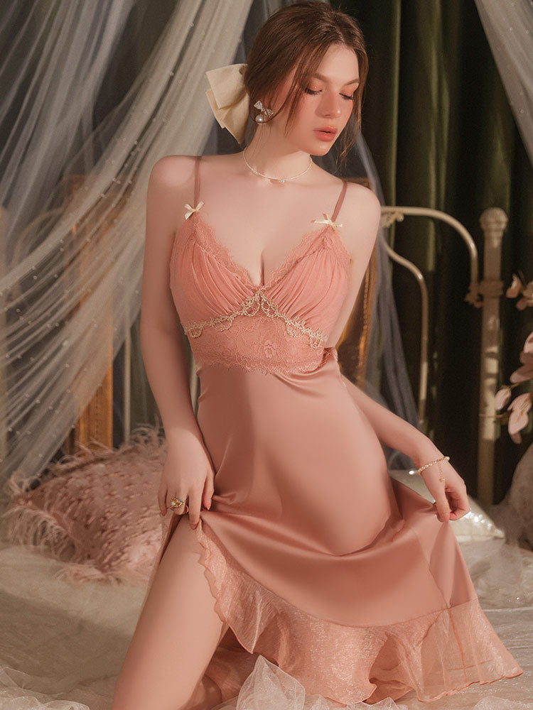 women wear a pink color Sexy Embroidered Lace Backless Satin Nightgown Set dress