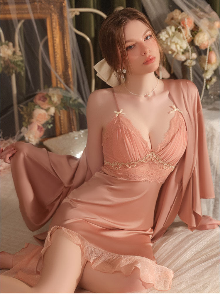 women wear a pink color Sexy Embroidered Lace Backless Satin Nightgown Set