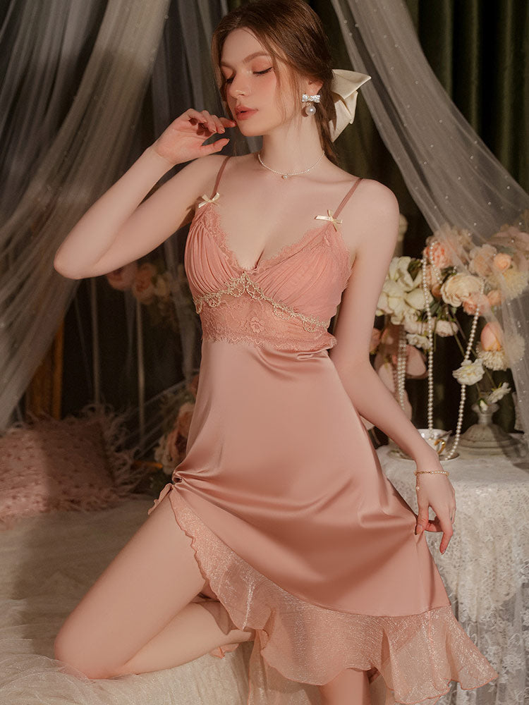 women wear a pink color Sexy Embroidered Lace Backless Satin Nightgown Set dress