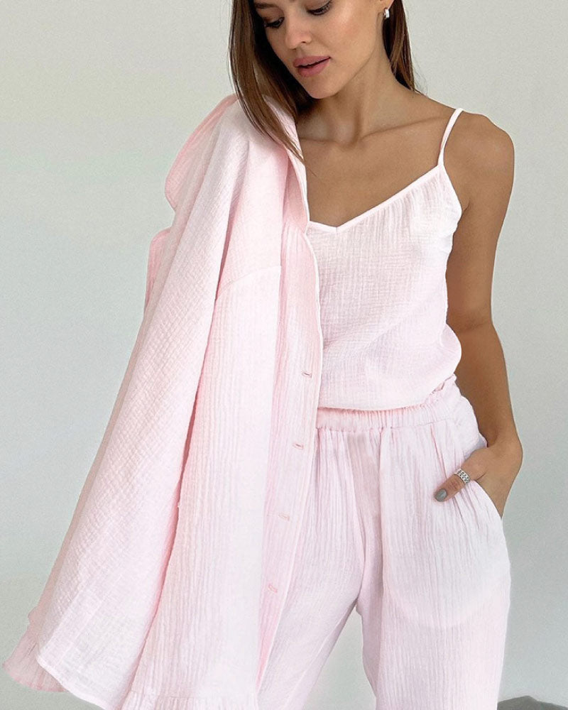 pink color Cotton Sexy Ruffle Edge sleepwear Long Pants Pajama Set