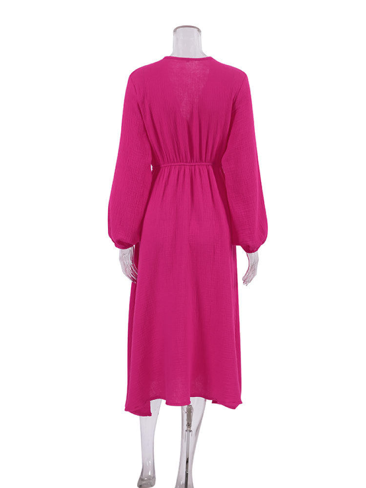 pink color Stylish Loose-Fit Long Sleeves Muslin Nightgown back look