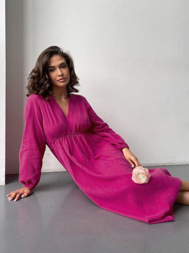 women wear pink color Stylish Loose-Fit Long Sleeves Muslin Nightgown lay