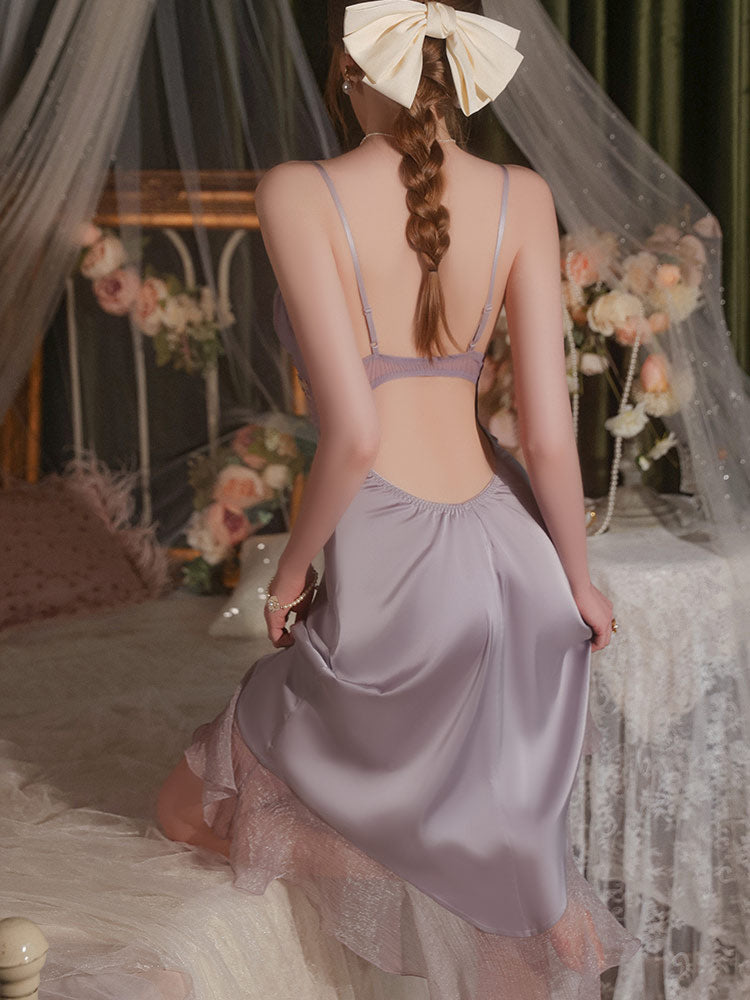 women wear a purple color Sexy Embroidered Lace Backless Satin Nightgown Set show back