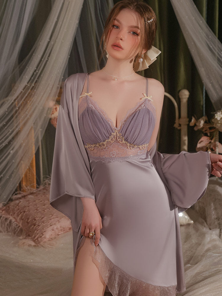 women wear a purple color Sexy Embroidered Lace Backless Satin Nightgown Set