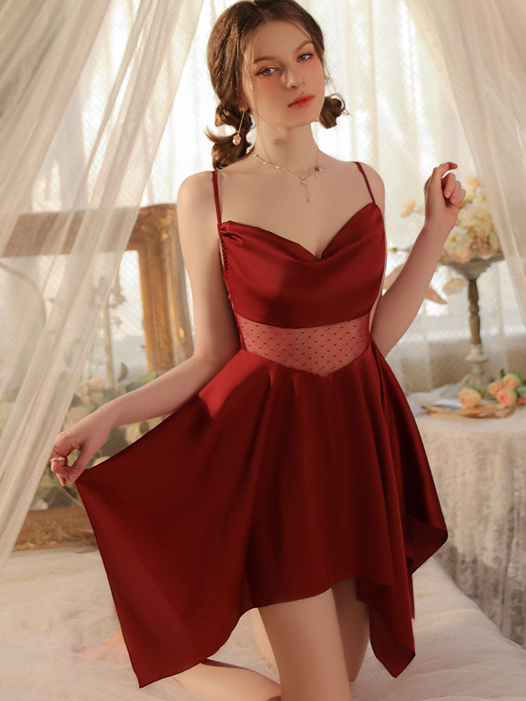 women wear a red color Irregular Hem Sexy Sheer Nightgown Robe
