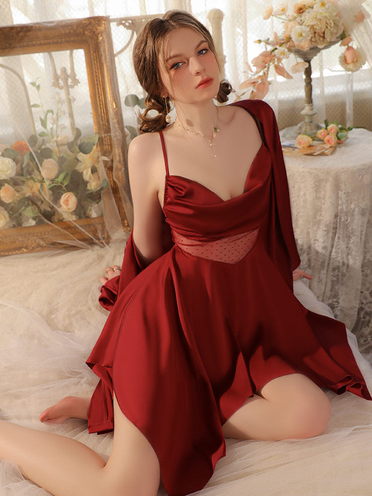 women wear a red color Irregular Hem Sexy Sheer Nightgown Robe