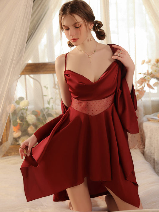 women wear a red color Irregular Hem Sexy Sheer Nightgown Robe