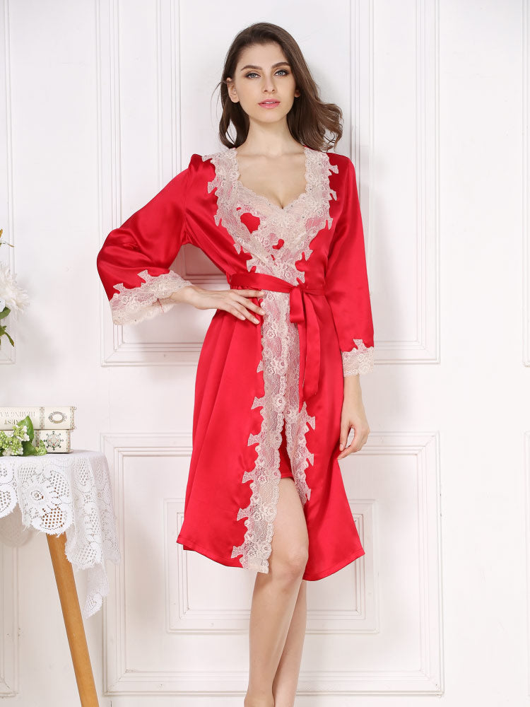 Luxurious Allure Real Silk Camisole Sensual Lace Sleepwear Robe