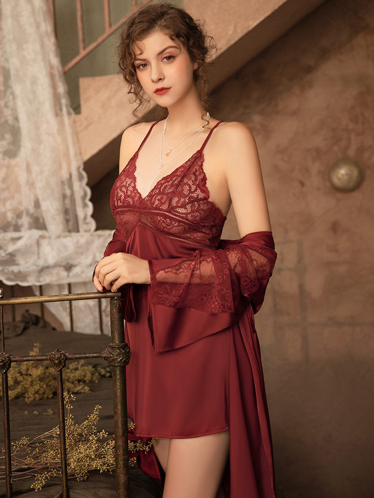 red color color Sexy Satin Camisole Nightgown Set robe 