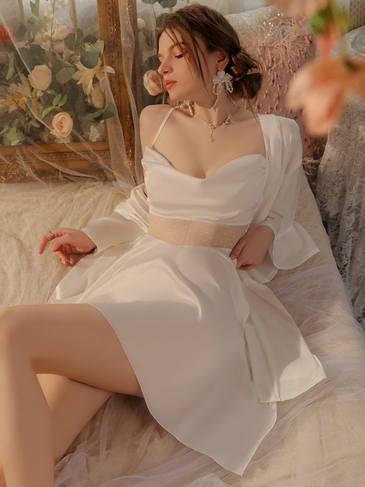 women wear a white color Irregular Hem Sexy Sheer Nightgown Robe