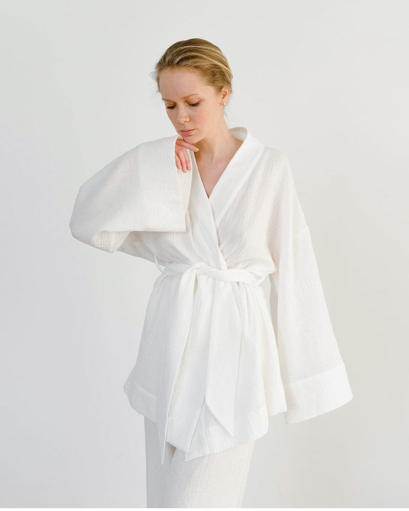 white color luxurious sleepwear bathrobe pajama set for women