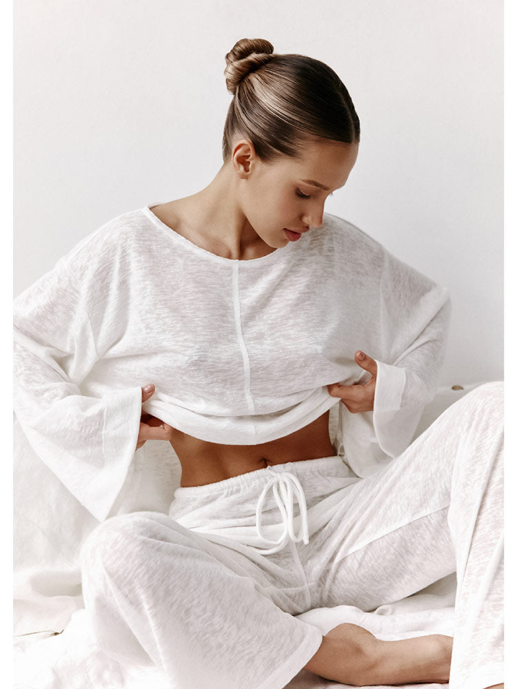 white color Round Neckline Long Sleeve Pajama Set