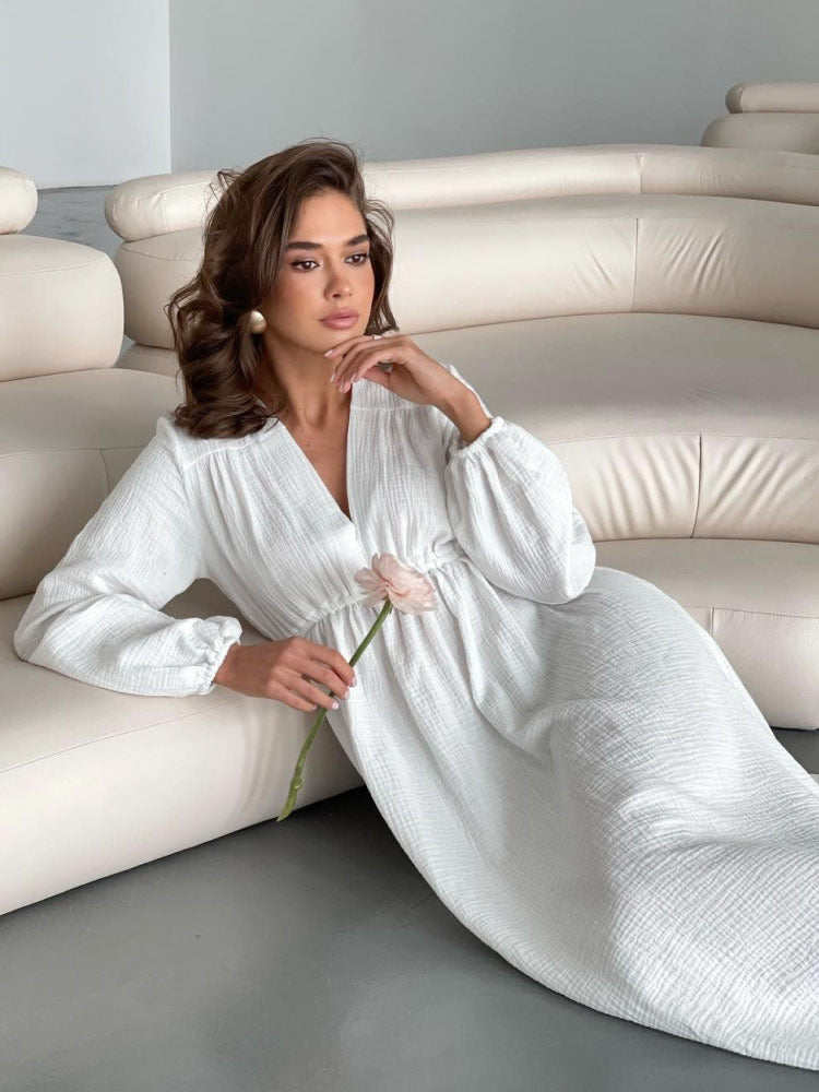 Stylish Loose-Fit Long Sleeves Muslin Nightgown