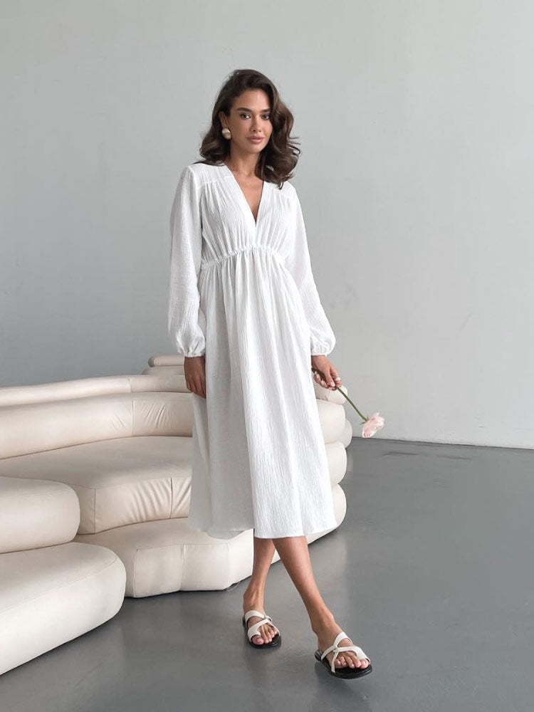 white color Stylish Loose-Fit Long Sleeves Muslin Nightgown