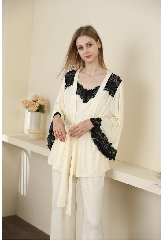 yellow color Sexy Modal Lace Backless Pajama Robe Set